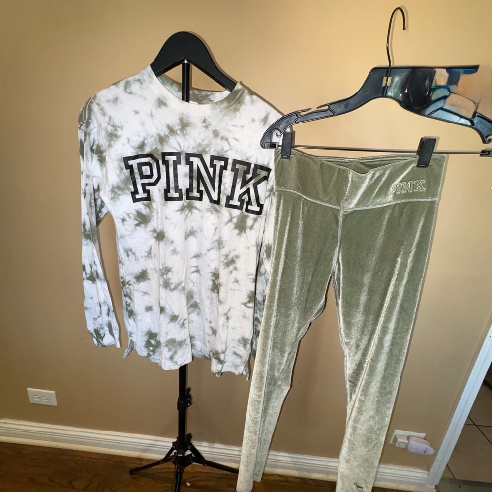 PINK Victoria's Secret Olive Green Velvet leggings  & Olive Tie-Dye Top Set